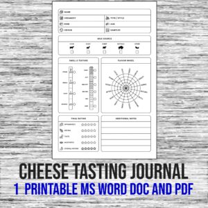 Digital Download, Cheese Tasting Journal, Cheese Lovers, Cheese Tasting Log, Includes: 1 Printable File in MS Word Doc and PDF, file formats