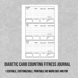 Digital Download, Diabetic Carb Counting Journal, Diabetic Daily Carbs, Carbs Count Journal, Includes: 1 Printable File in MS Word Doc and PDF, File Formats