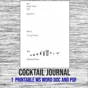 Digital Download, Cocktail Journal, Cocktail Lovers, Cocktail Journal, Includes: 1 Printable File in MS Word Doc and PDF, File Formats